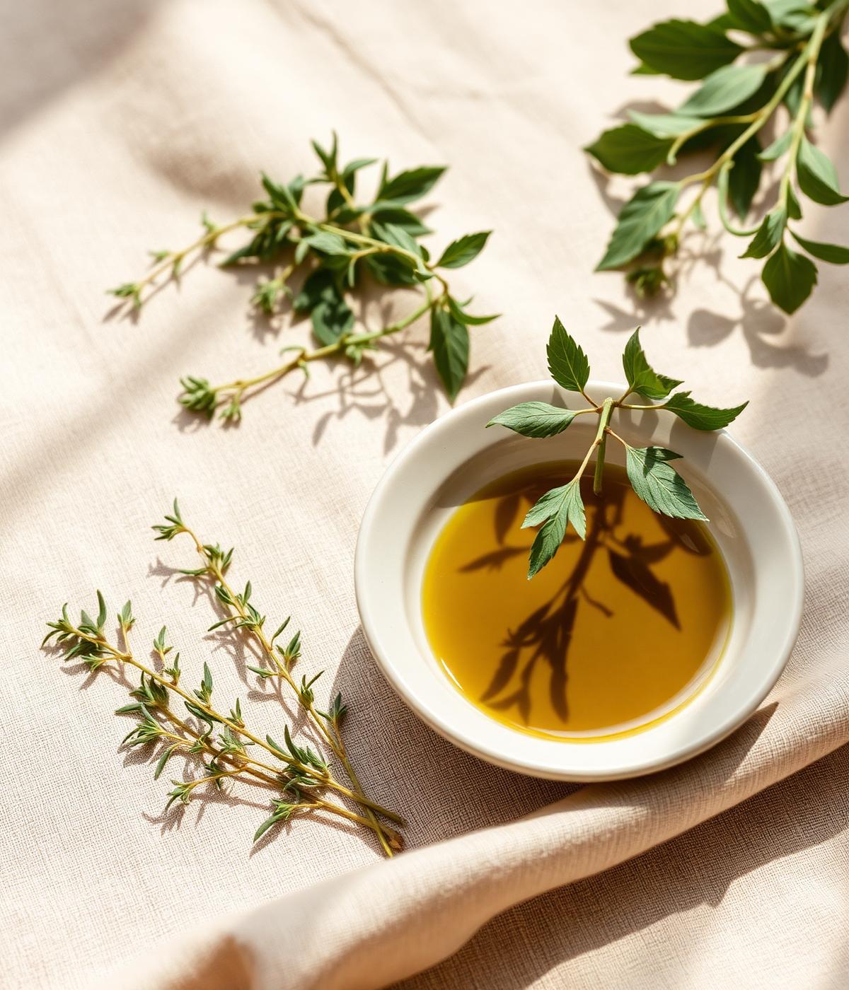 Fresh herbs and olive oil on warm linen, part of Constanze Link's practical nutrition coaching approach