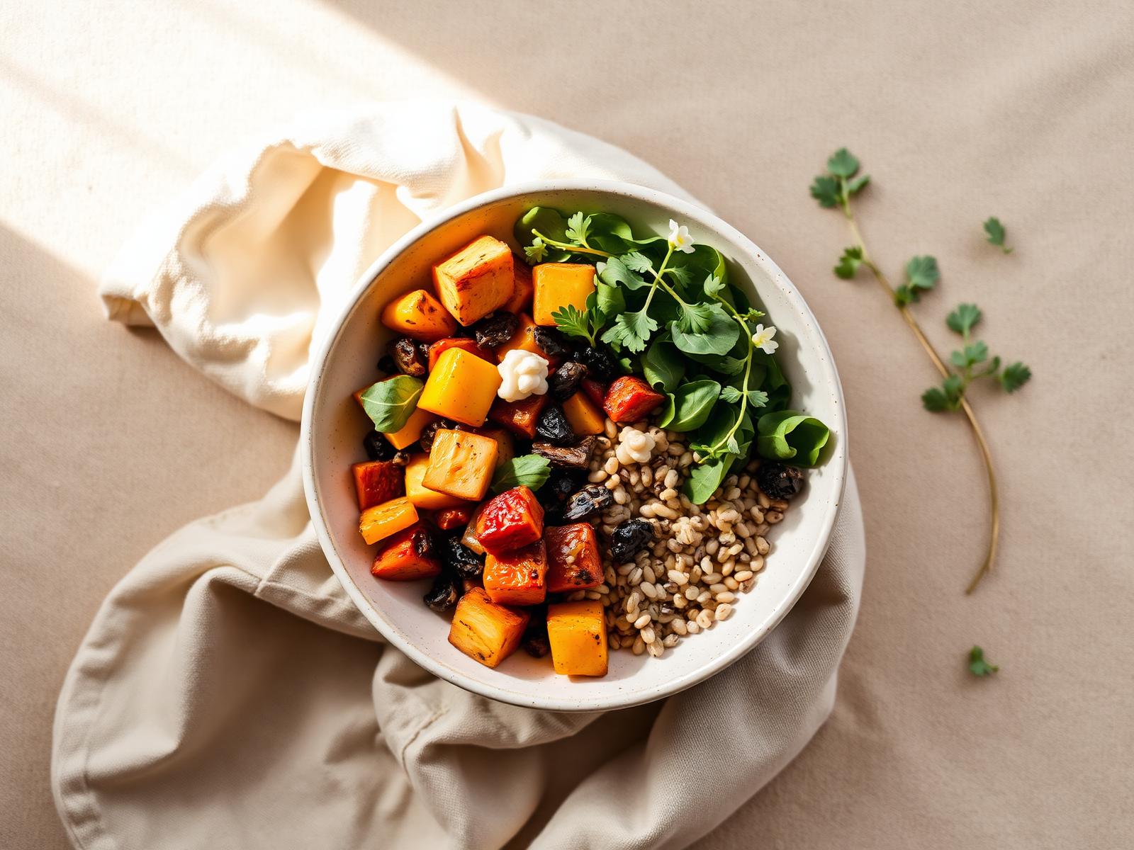 Bowl of colorful whole foods on linen, representing evidence-based nutrition coaching in Victoria, BC